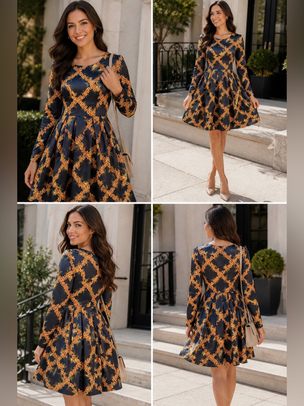 VESE NWT Navy Floral Fit & Flare Dress | Long Sleeve Skater Dress | Size Small